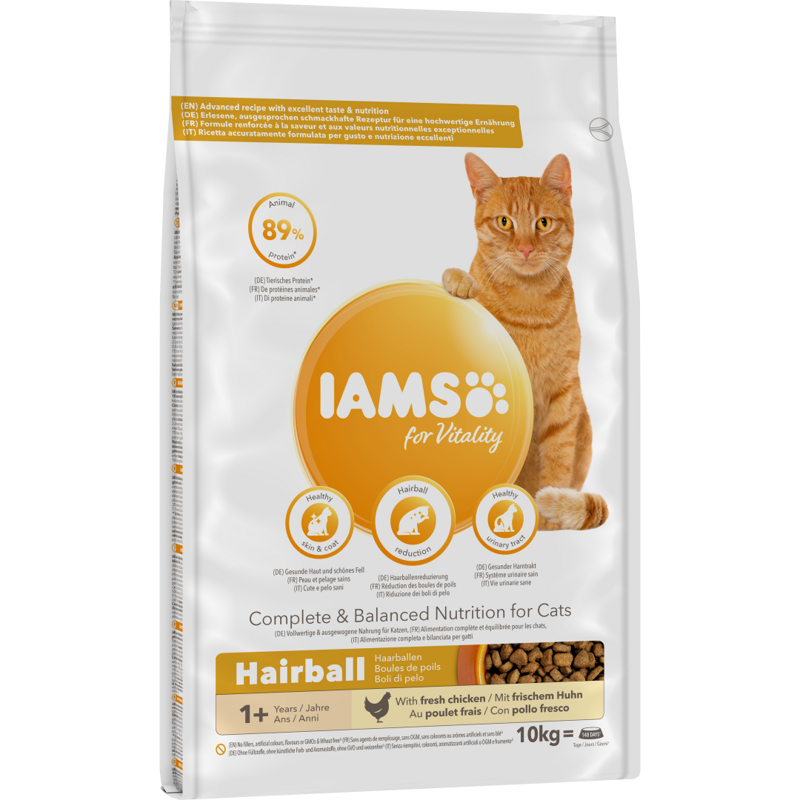Sucha Karma Iams for Vitality Hairball Dla Dorosłych I Starszych Kotów Ze Świeżym Kurczakiem Zwalcza Kule Włosowe 10kg