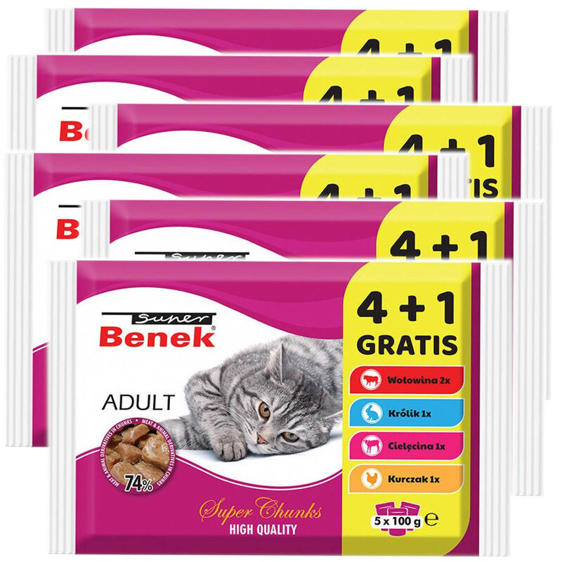 Super Benek Adult MIX 24+6 GRATIS (30x100g) Mokra Karma Dla Dorosłych Kotów Mix Smaków