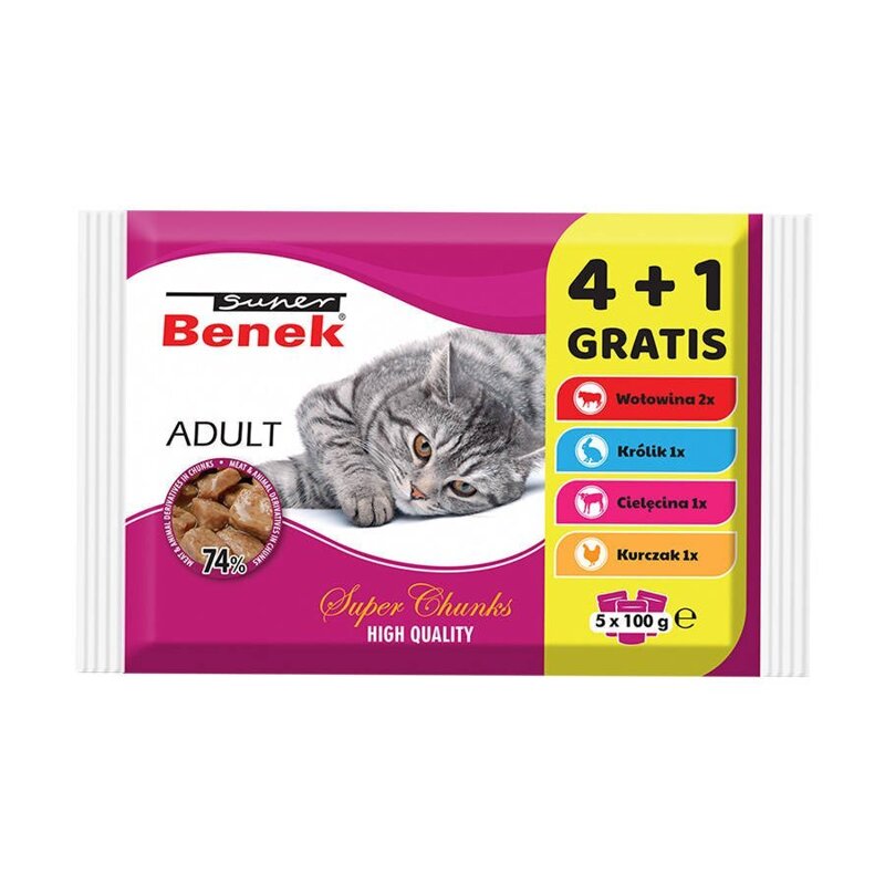Super Benek Adult MIX 4+1 GRATIS (5x100g) mokra karma dla dorosłych kotów, mix smaków