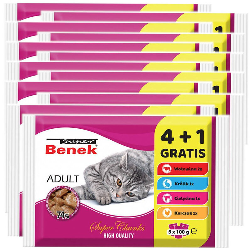 Super Benek Adult MIX 48+12 GRATIS (60x100g) Mokra Karma Dla Dorosłych Kotów Mix Smaków