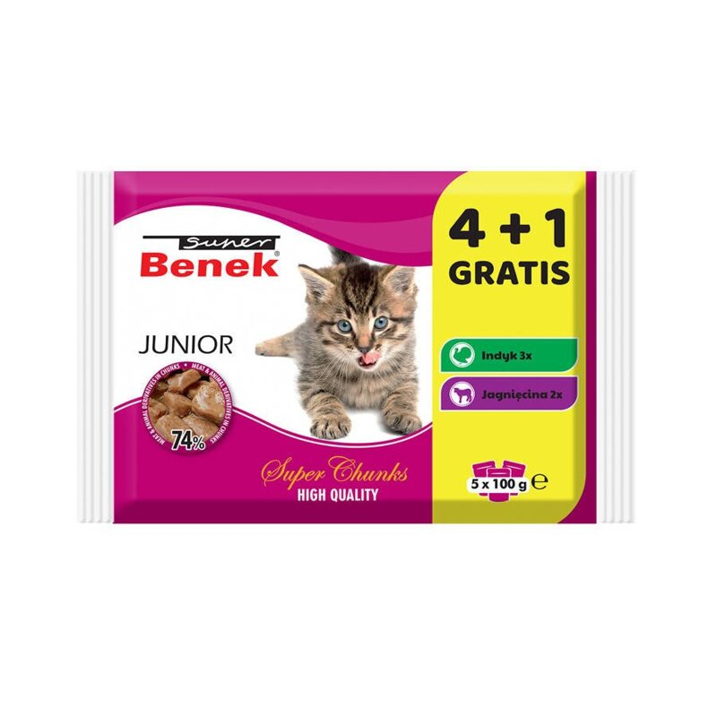 Super Benek Junior MIX 4+1 GRATIS (5x100g) mokra karma dla dorosłych kotów, mix smaków