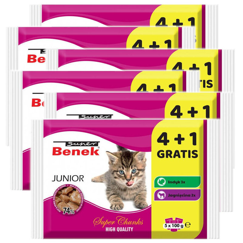 Super Benek Junior Mix 24+6 Gratis (30x100g) Mokra Karma Dla Młodych Kotów Mix Smaków Indyk Jagnięcina