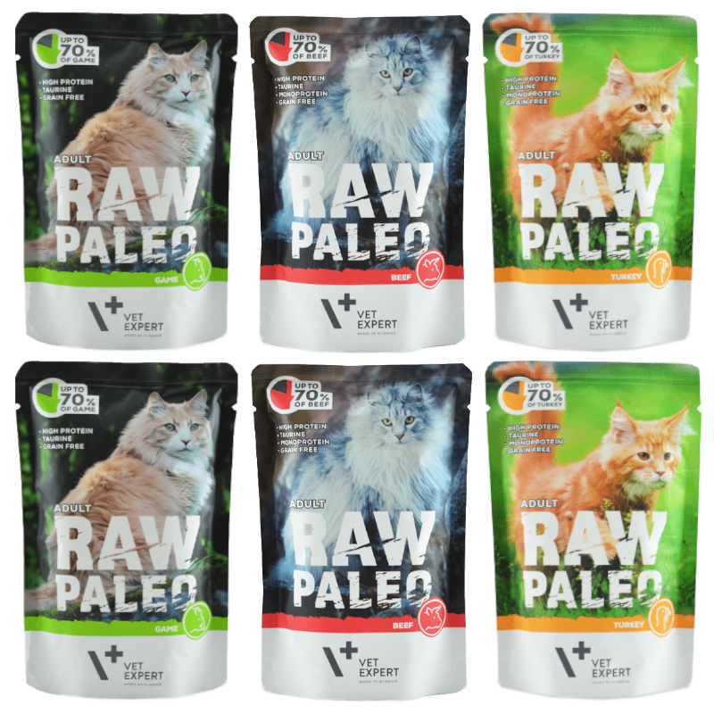 Vet Expert Raw Paleo Adult 6x100g Mokra Karma Dla Kotów 70% Dziczyzny Indyka I Wołowiny Bez Zbóż