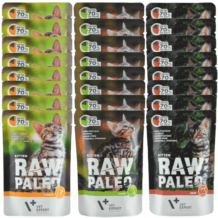 Vet Expert Raw Paleo Kitten Mix Smaków 24x100g Karma Mokra Z Wołowiną Dziczyzną i Indykiem Dla Kociąt