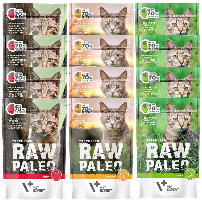 Vet Expert Raw Paleo Sterilised 12x100g Mokra Karma Dla Kotów 68% Wołowiny Indyka I Dziczyzny