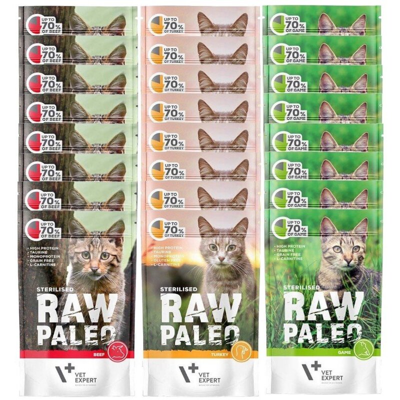 Vet Expert Raw Paleo Sterilised 24x100g Mokra Karma Dla Kotów 68% Wołowiny Indyka I Dziczyzny