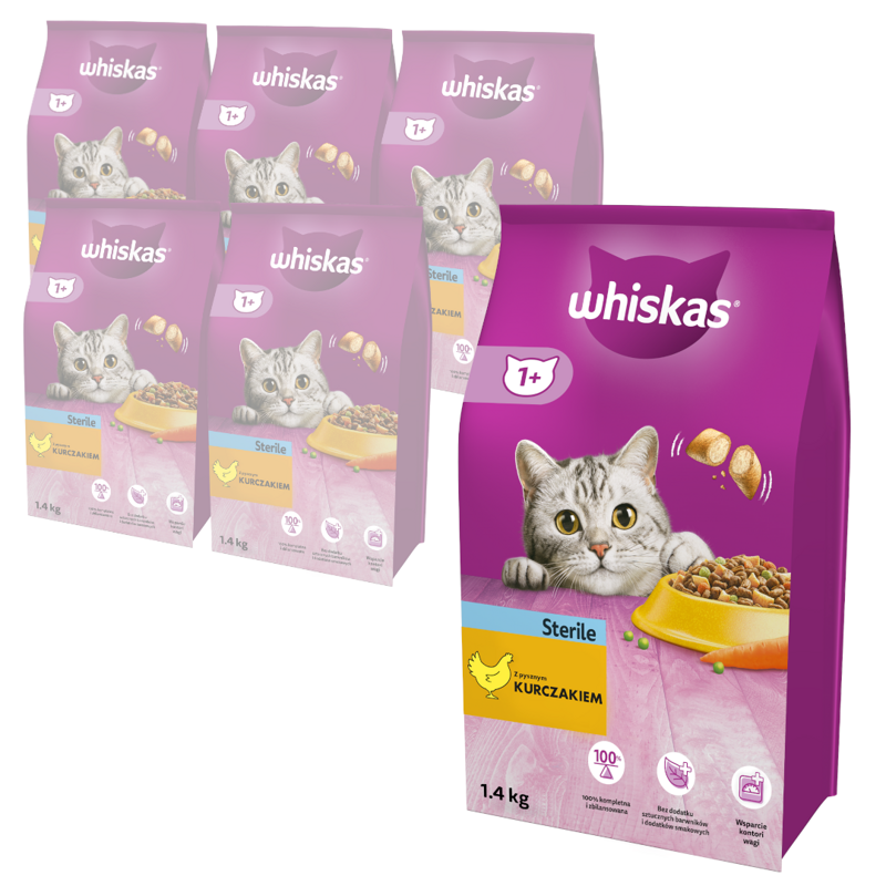 WHISKAS 1+ Sterile z Kurczakiem 6x1,4 kg Karma sucha dla kota po sterylizacji