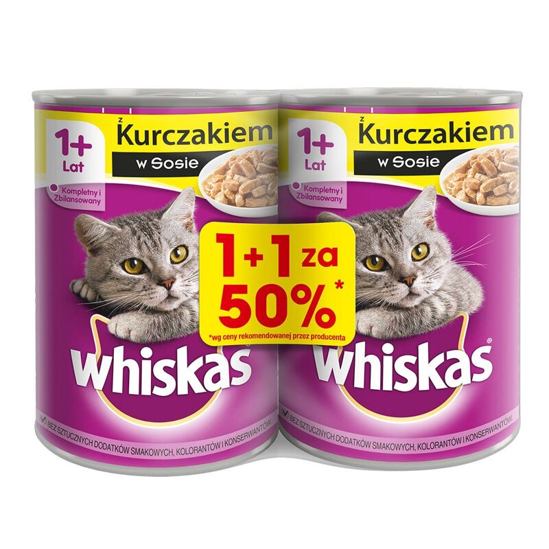 WHISKAS 1+ z Kurczakiem w Sosie 2x 400g Puszka - Mokra karma dla kota, 1+1 50%