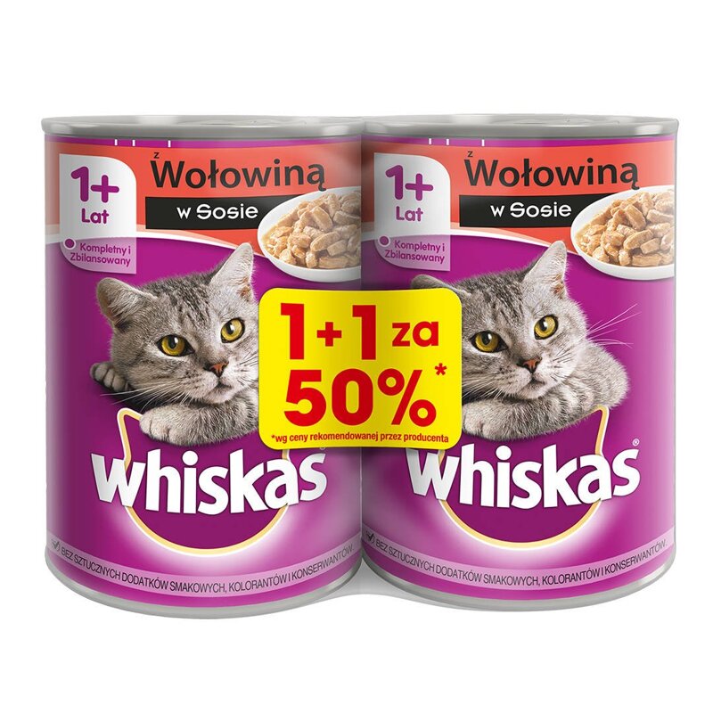 WHISKAS 1+ z Wołowiną w Sosie 2x 400g Puszka - Mokra karma dla kota, 1+1 50%