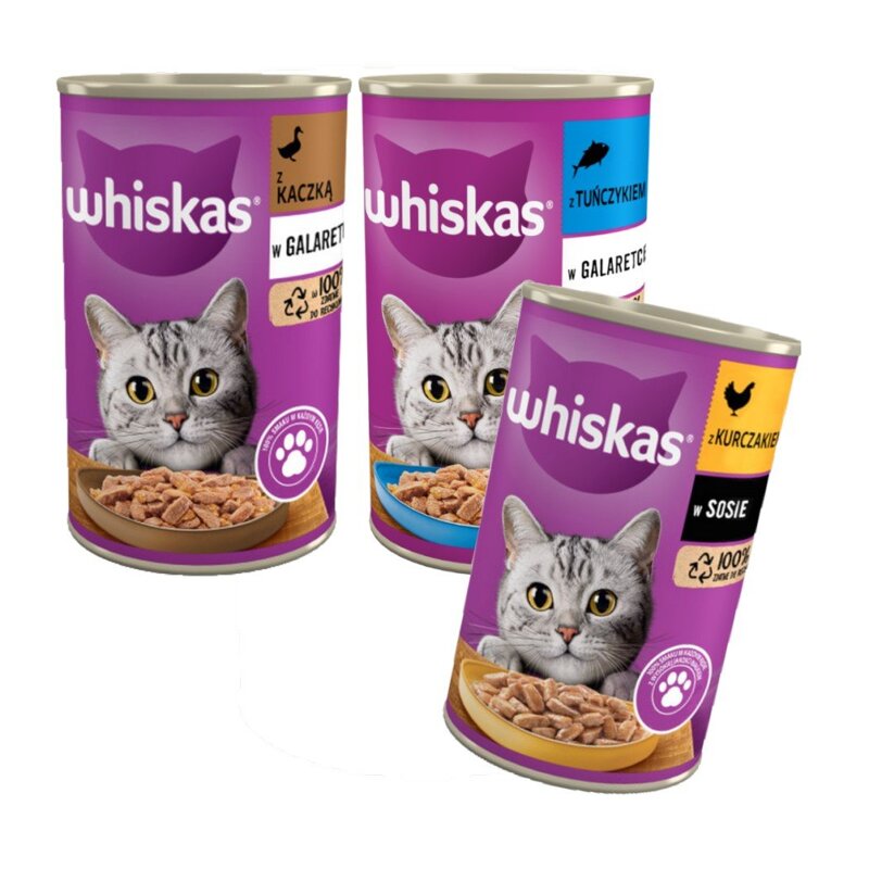 WHISKAS Adult 3 Smaki 48x400g Kaczka Tuńczyk Kurczak Karma Mokra Dla Dorosłych Kotów