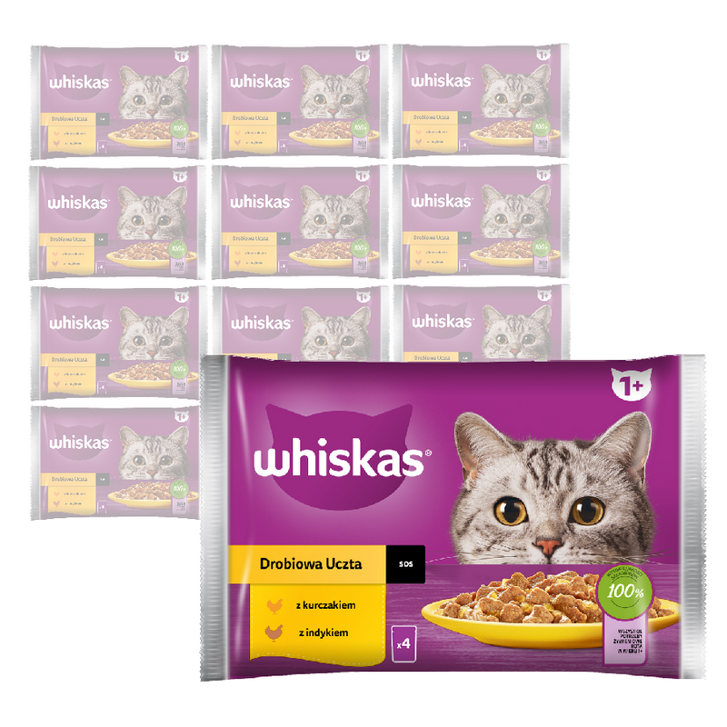 WHISKAS Adult Drobiowa Uczta 52x85g Mokra Karma Dla Kota w Sosie Kawałki z Kurczakiem i Indykiem