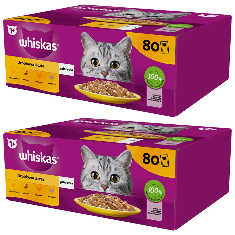 WHISKAS Adult Saszetki 160 x 85g Drobiowa Uczta - Mokra Karma Dla Dorosłego Kota w Galaretce (kawałki z: kurczakiem, kaczką, drobiem, indykiem)