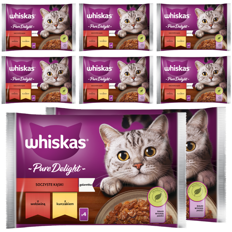 WHISKAS Adult Saszetki 32 x 85g Soczyste Kąski Mokra Karma Dla Dorosłego Kota w Galaretce Kawałki z Wołowiną i z Kurczakiem