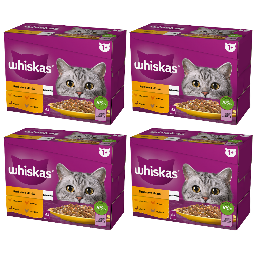 WHISKAS Adult Saszetki 48x85g Drobiowa Uczta Mokra Karma Dla Dorosłego Kota w Galaretce Kawałki z Kurczakiem Kaczką Drobiem Indykiem