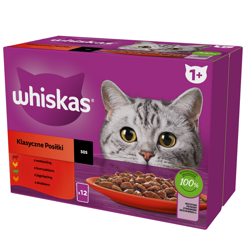 Whiskas Adult 12x85g Klasyczne Posiłki Mokra Karma Pełnoporcjowa Dla Dorosłych Kotów W Sosie
