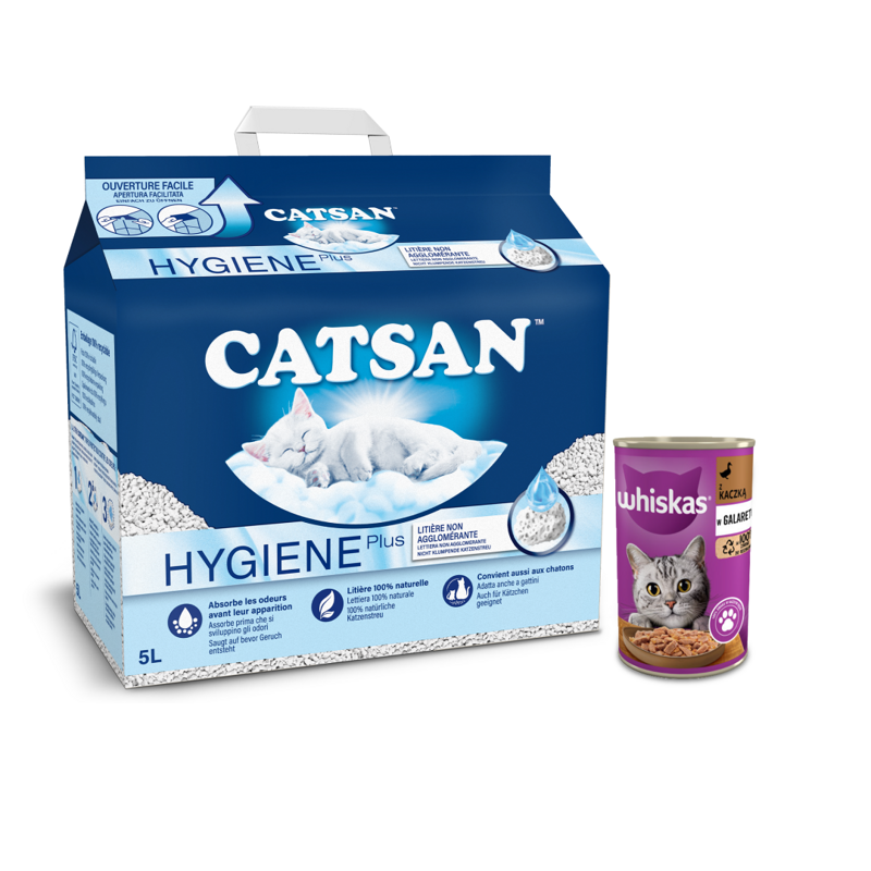 Whiskas Adult 24x400g Kaczka W Galaretce Mokra Karma Dla Kota + Catsan Hygiene Plus 5L Żwirek Bentonitowy Niezbrylający