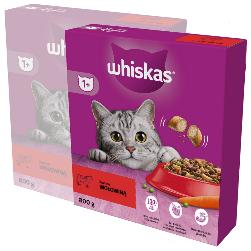 Whiskas Adult 2x800g Sucha Karma Pełnoporcjowa Dla Dorosłych Kotów Z Wołowiną W Kartonie