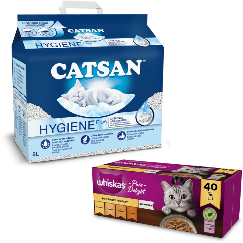 Whiskas Adult 40x85g Drobiowe Frykasy Mokra Karma Dla Kota W Galaretce + Catsan Hygiene Plus 5L Żwirek Bentonitowy Niezbrylający