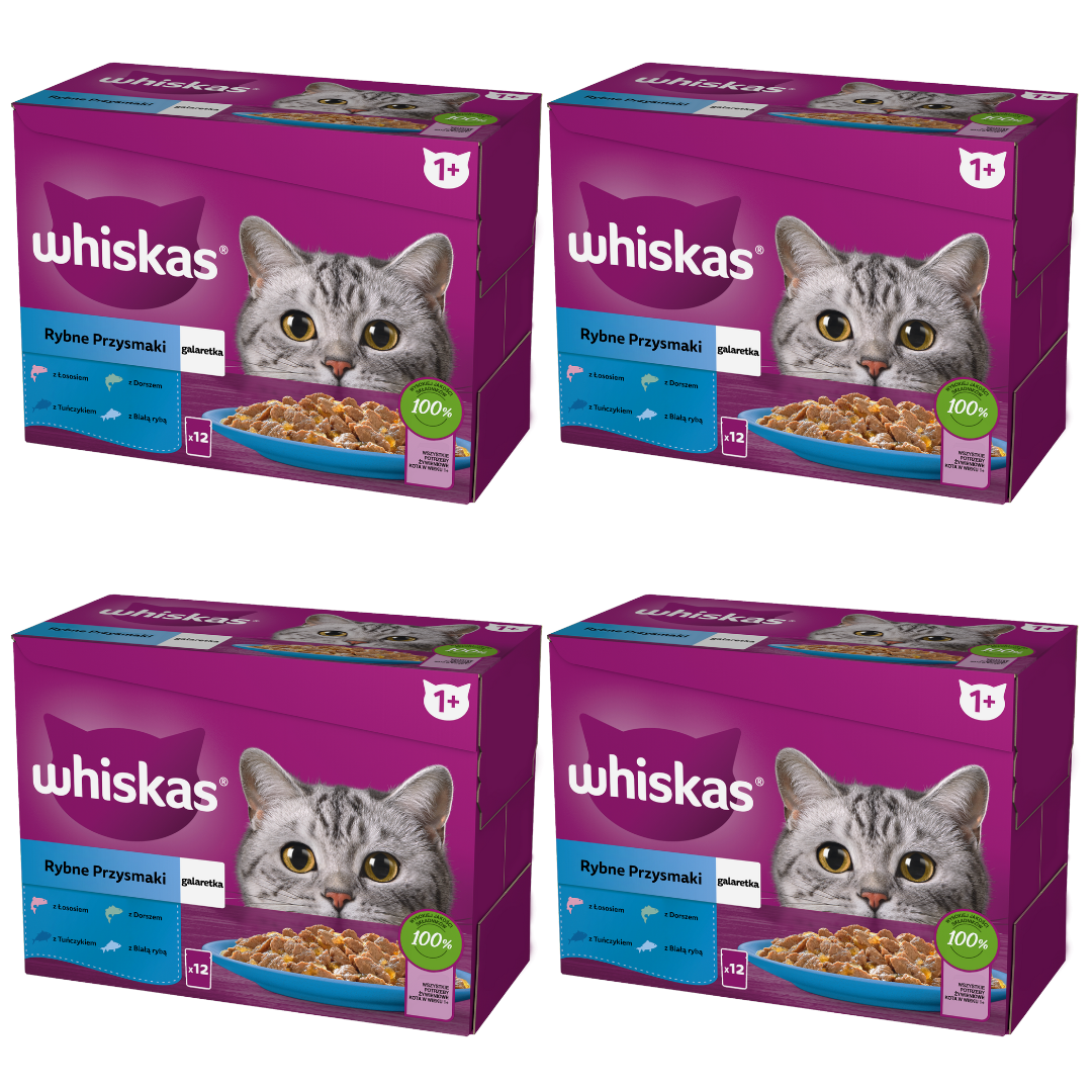 Whiskas Adult 48x85g Rybne Przysmaki Mokra Karma Dla Dorosłych Kotów 4 Smaki W Galaretce