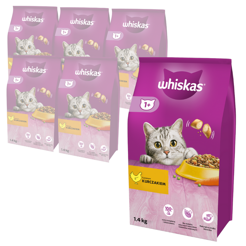 Whiskas Adult 6x1,4kg Sucha Karma Pełnoporcjowa Dla Dorosłych Kotów Z Kurczakiem