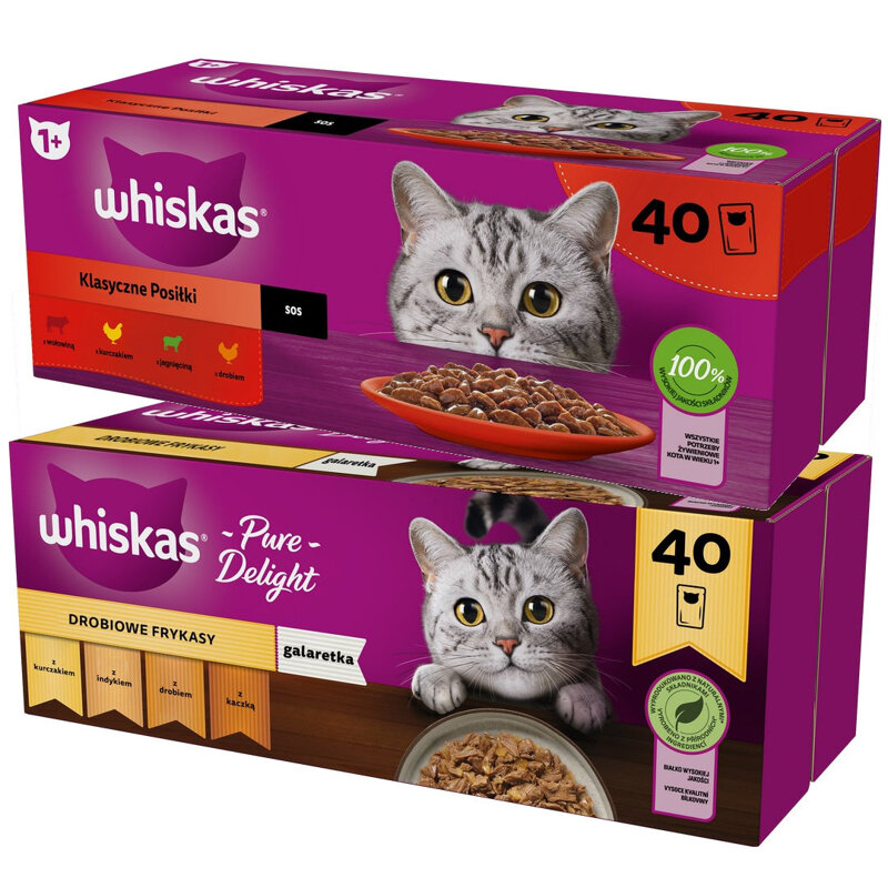 Whiskas Adult 80x85g Drobiowe Frykasy W Galaretce I Klasyczne Posiłki w Sosie Mokra Karma Dla Dorosłych Kotów