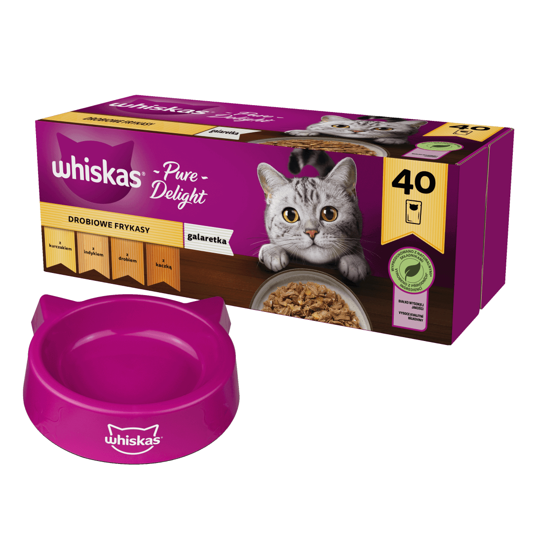 Whiskas Adult Drobiowe Frykasy 40x85g Mokra Karma Dla Kota 4 Smaki W Galaretce + Miska Gratis