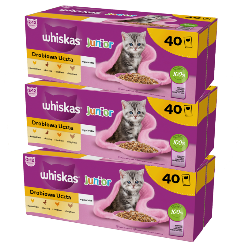 Whiskas Junior 120x85g Drobiowa Uczta Mokra Karma Pełnoporcjowa Dla Kociąt W Galaretce