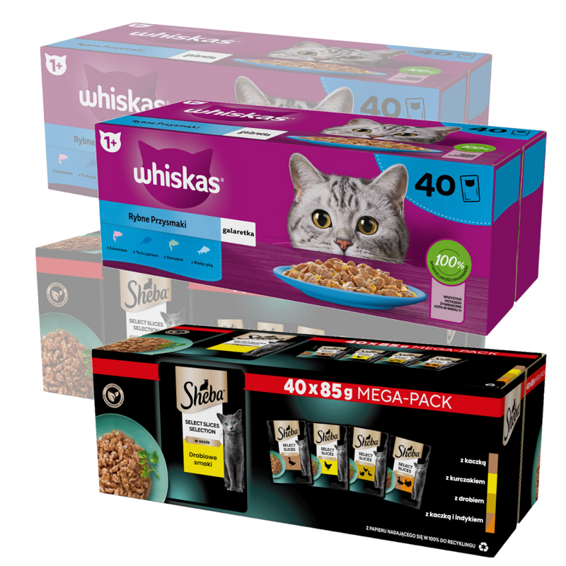 Whiskas Rybne Przysmaki W Galaretce + Sheba Selection Drobiowe Smaki w Sosie 160x85g Mokra Karma Dla Kota