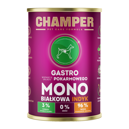 Champer Gastro 400g Monobiałkowa Mokra Karma Dla Psa z Indykiem Wsparcie Układu Pokarmowego