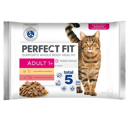 Perfect Fit Adult 1+ 4x85g Mokra Karma Dla Kotów Z Kurczakiem I Wołowiną W Sosie