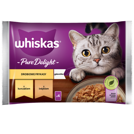 WHISKAS Adult Saszetka 4 x 85g Drobiowe Frykasy Mokra Karma Dla Dorosłego Kota w Galaretce Kawałki z Kurczakiem i z Indykiem