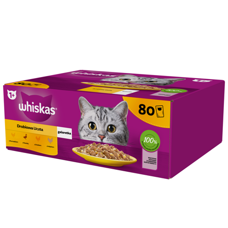 WHISKAS Adult Saszetki 80 x 85g Drobiowa Uczta - Mokra Karma Dla Dorosłego Kota w Galaretce (kawałki z: kurczakiem, kaczką, drobiem, indykiem)