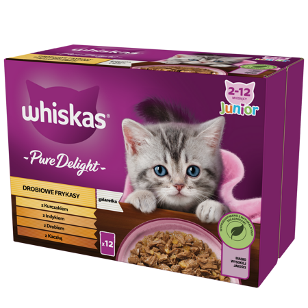 WHISKAS Junior Saszetki 12 x 85g Drobiowe Frykasy Mokra Karma Dla Kociąt w Galaretce Kawałki z Kurczakiem Indykiem Drobiem Kaczką