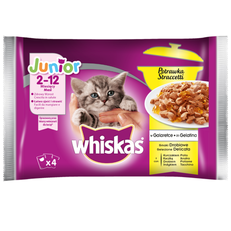 WHISKAS Saszetka Junior Potrawka 4x85g Smaki Drobiowe - Mokra Karma Dla Kotów w Galaretce (z Kurczakiem, Kaczką, Drobiem, Indykiem) 